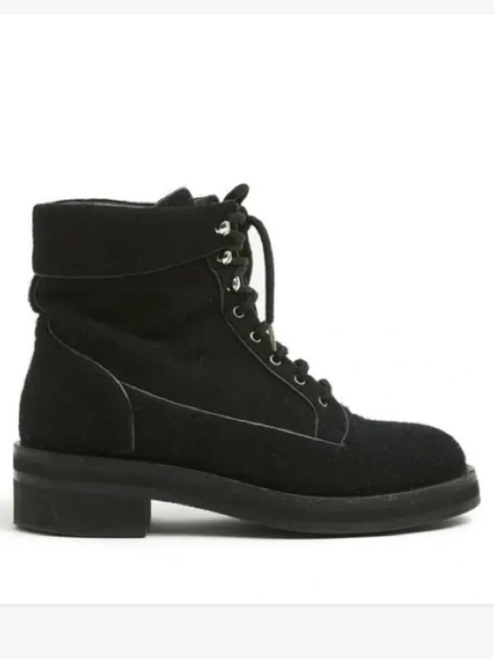 *CHANEL* Black Felt Lace-Up Moto Boot with Leather Trimn Size 41
